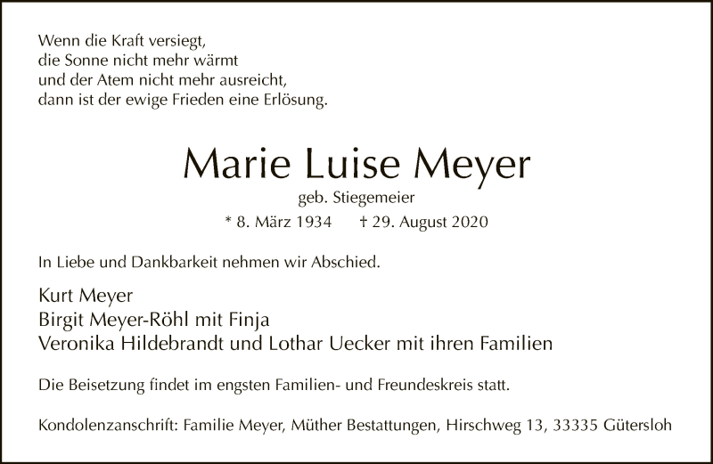  Traueranzeige für Marie Luise Meyer vom 05.09.2020 aus Neue Westfälische