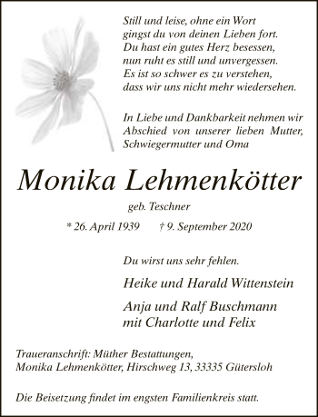 Traueranzeige von Monika Lehmenkötter von Neue Westfälische