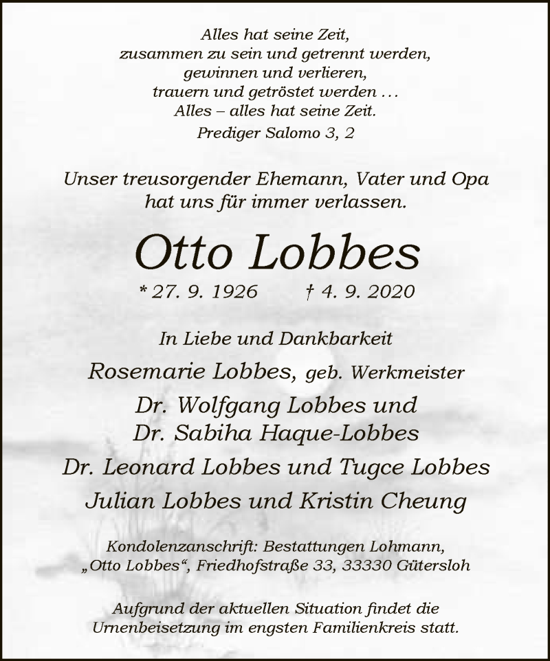  Traueranzeige für Otto Lobbes vom 19.09.2020 aus Neue Westfälische