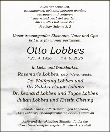 Traueranzeige von Otto Lobbes von Neue Westfälische