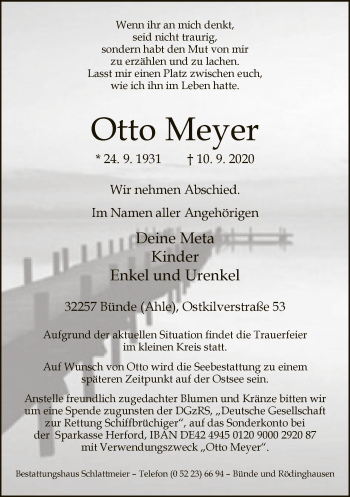 Traueranzeige von Otto Meyer von Neue Westfälische