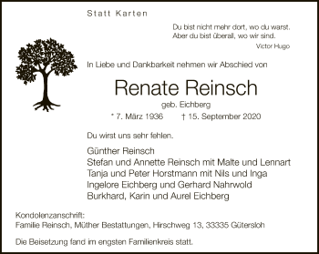 Traueranzeige von Renate Reinsch von Neue Westfälische