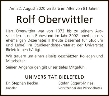 Traueranzeige von Rolf Oberwittler von Neue Westfälische