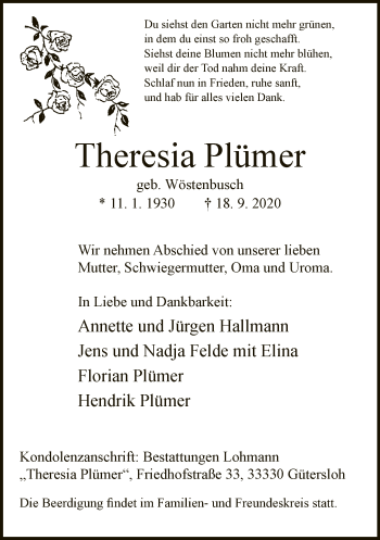 Traueranzeige von Theresia Plümer von Neue Westfälische