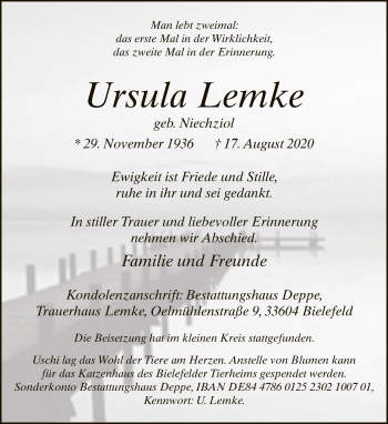 Traueranzeige von Ursula Lemke von Neue Westfälische