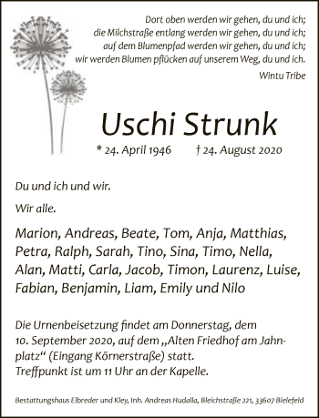 Traueranzeige von Ursula Strunk von Neue Westfälische
