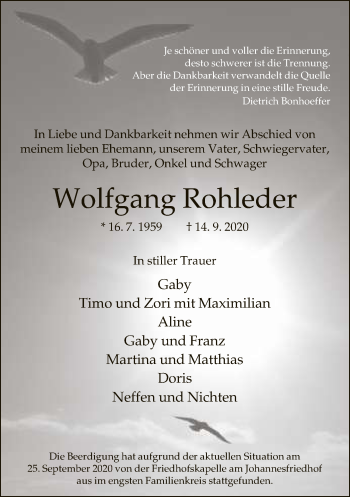 Traueranzeige von Wolfgang Rohleder von Neue Westfälische