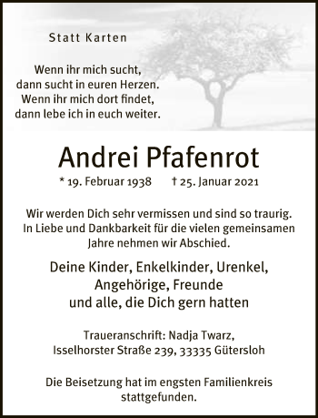 Traueranzeige von Andrei Pfafenrot von Neue Westfälische