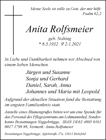 Traueranzeige von Anita Rolfsmeier von Neue Westfälische