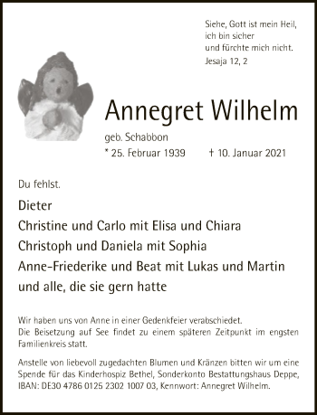 Traueranzeige von Annegret Wilhelm von Neue Westfälische