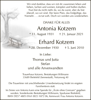 Traueranzeige von Antonia und Erhard Kotzem von Neue Westfälische