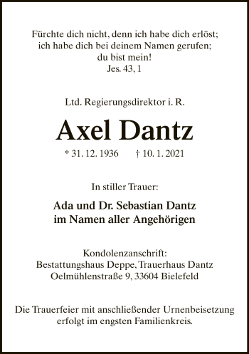 Traueranzeige von Axel Dantz von Neue Westfälische