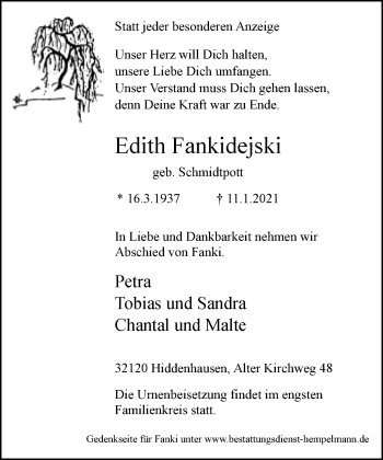 Traueranzeige von Edith Fankidejski von Neue Westfälische