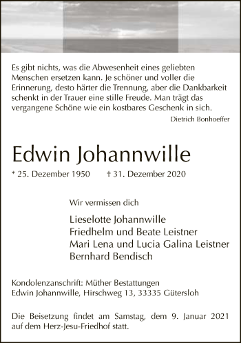 Traueranzeige von Edwin Johannwille von Neue Westfälische