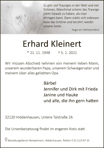 Traueranzeige von Erhard Kleinert von Neue Westfälische