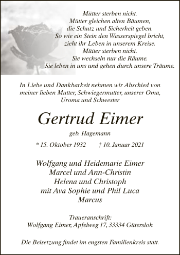 Traueranzeige von Gertrud Eimer von Neue Westfälische