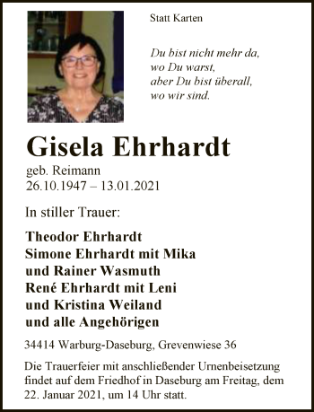 Traueranzeige von Gisela Ehrhardt von Neue Westfälische