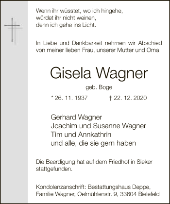 Traueranzeige von Gisela Wagner von Neue Westfälische