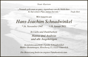 Traueranzeige von Hans-Joachim Schnadwinkel von Neue Westfälische