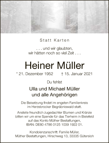 Traueranzeige von Heiner Müller von Neue Westfälische