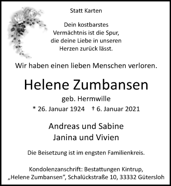 Traueranzeige von Helene Zumbansen von Neue Westfälische