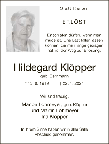 Traueranzeige von Hildegard Klöpper von Neue Westfälische