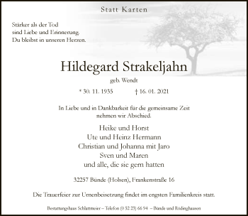 Traueranzeige von Hildegard Strakeljan von Neue Westfälische