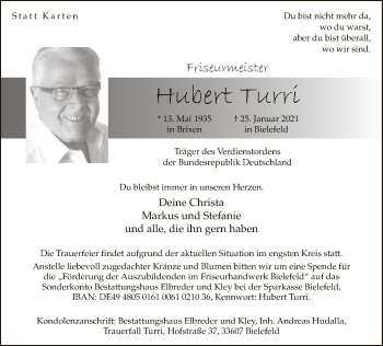 Traueranzeige von Hubert Turri von Neue Westfälische