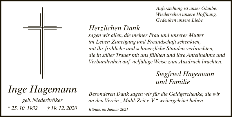  Traueranzeige für Inge Hagemann vom 23.01.2021 aus Neue Westfälische