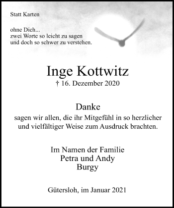 Traueranzeige von Inge Kottwitz von Neue Westfälische