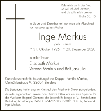 Traueranzeige von Inge Markus von Neue Westfälische
