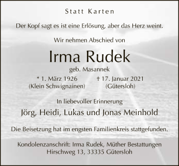Traueranzeige von Irma Rudek von Neue Westfälische