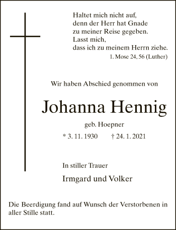 Traueranzeige von Johanna Hennig von Neue Westfälische