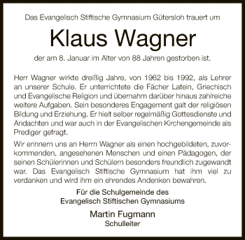 Traueranzeige von Klaus Wagner von Neue Westfälische