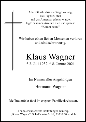 Traueranzeige von Klaus Wagner von Neue Westfälische