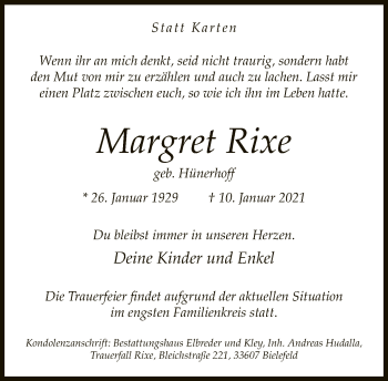 Traueranzeige von Margret Rixe von Neue Westfälische