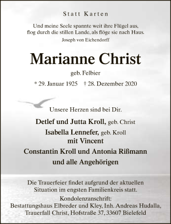 Traueranzeige von Marianne Christ von Neue Westfälische