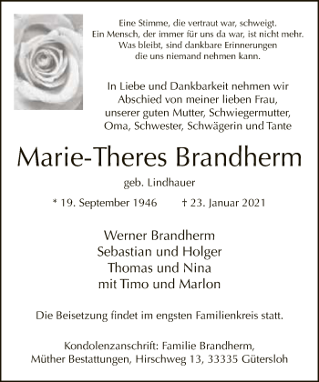 Traueranzeige von Marie-Theres Brandherm von Neue Westfälische