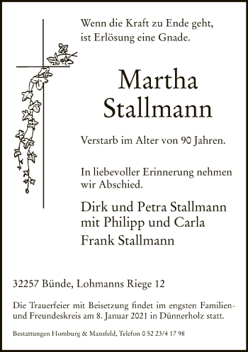 Traueranzeige von Martha Stallmann von Neue Westfälische