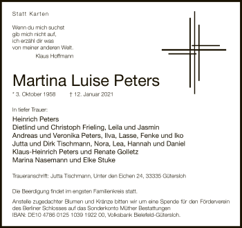 Traueranzeige von Martina Luise Peters von Neue Westfälische