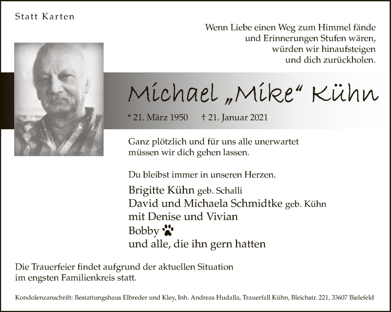 Traueranzeige für Michael Kühn vom 30.01.2021 aus Neue Westfälische