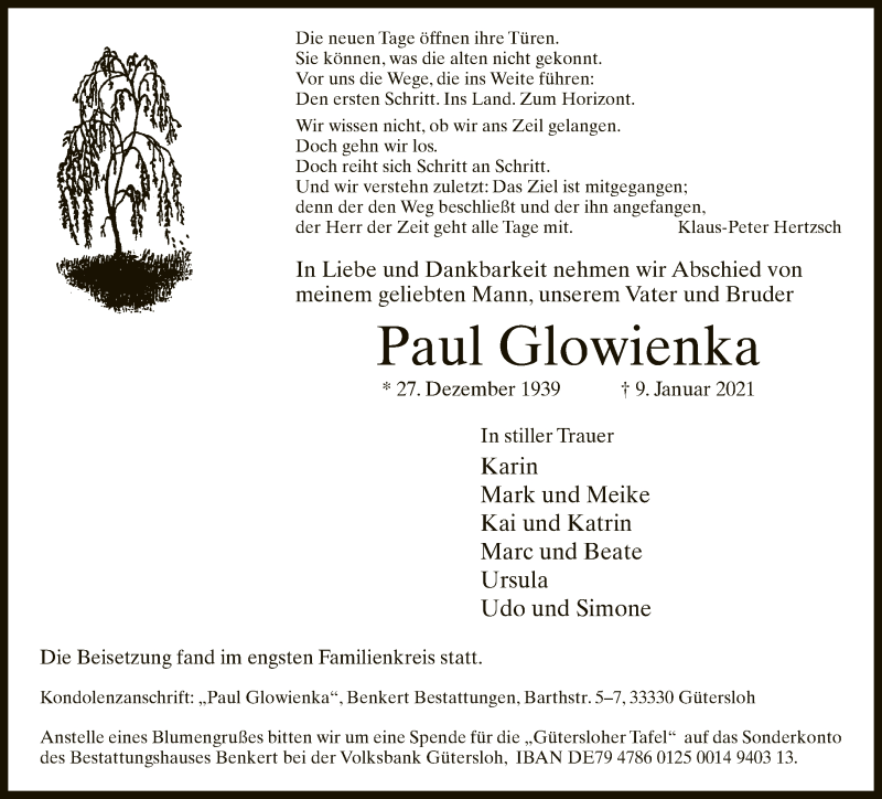  Traueranzeige für Paul Glowienka vom 16.01.2021 aus Neue Westfälische