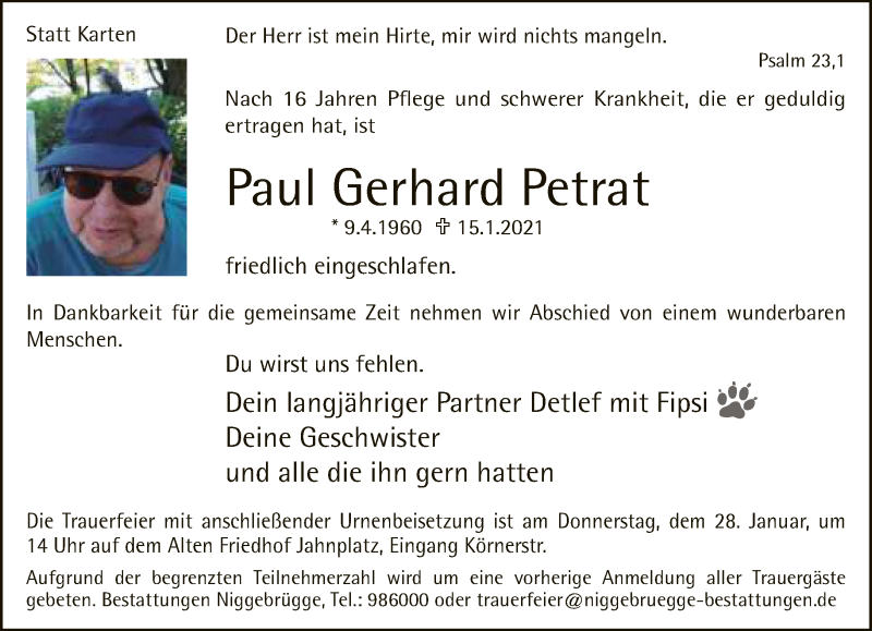  Traueranzeige für Paul Gerhard Petrat vom 20.01.2021 aus Neue Westfälische