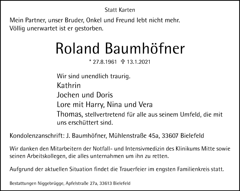  Traueranzeige für Roland Baumhöfner vom 16.01.2021 aus Neue Westfälische