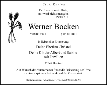 Traueranzeige von Werner Bocken von Neue Westfälische