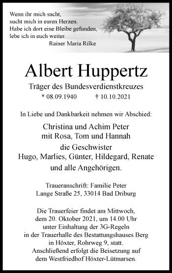 Traueranzeige von Albert Huppertz von Neue Westfälische