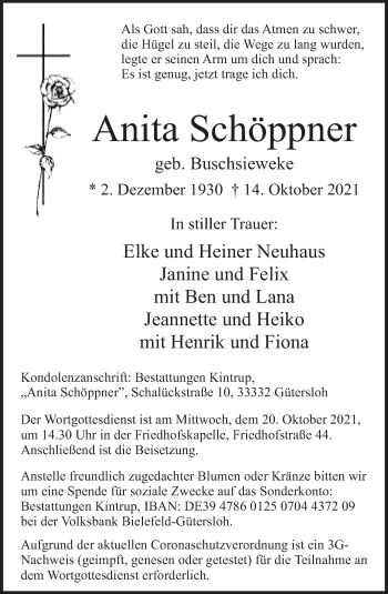 Traueranzeige von Anita Schöppner von Neue Westfälische