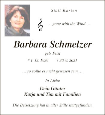 Traueranzeige von Barbara Schmelzer von Neue Westfälische