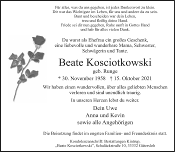 Traueranzeige von Beate Kosciotkowski von Neue Westfälische