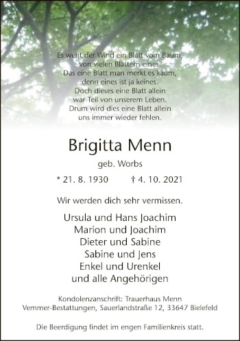 Traueranzeige von Brigitta Menn von Neue Westfälische